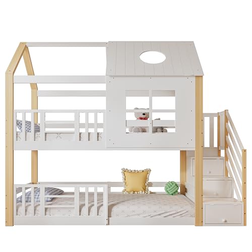 MUZHIXIANG Etagenbett Kinderbett mit Aufbewahrungstreppe und Fallschutz, Hausbett mit Dach und Fenster, Massivholz MDF, Stabil und Modern (Weiß+Natur, 253.5x95.5x206cm) von MUZHIXIANG