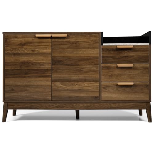 MUZHIXIANG Kommode Sideboard Eiche Dekor mit Marmoroptik Platte, 3 Schubladen, Doppeltürschrank höhenverstellbar, Offene Ablage, Massivholzbeine (B120 × T40 × H77 cm) von MUZHIXIANG