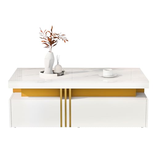 MUZHIXIANG Moderner Couchtisch Rechteckig mit Hochglanzplatte, Marmorierter Tischplatte und 2 Schubladen, Wohnzimmertisch mit Stauraum und Goldener Umrandung, Sofatisch Design 100x50x40 cm (Stil 1) von MUZHIXIANG