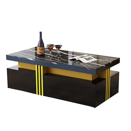 MUZHIXIANG Moderner Couchtisch Rechteckig mit Hochglanzplatte, Marmorierter Tischplatte und 2 Schubladen, Wohnzimmertisch mit Stauraum und Goldener Umrandung, Sofatisch Design 100x50x40 cm (Stil 2) von MUZHIXIANG
