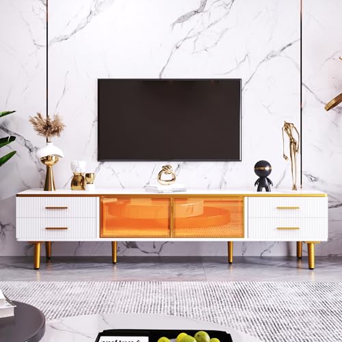 MUZHIXIANG Modernes TV-Schrank-Set: Mamoroptik, LED-Beleuchtung, Weiß/Gold. Stilvolles Design, geräumig und stabil. Einfache Installation, Variable LED-Farben (160 L x 37 B x 75H(cm)) von MUZHIXIANG