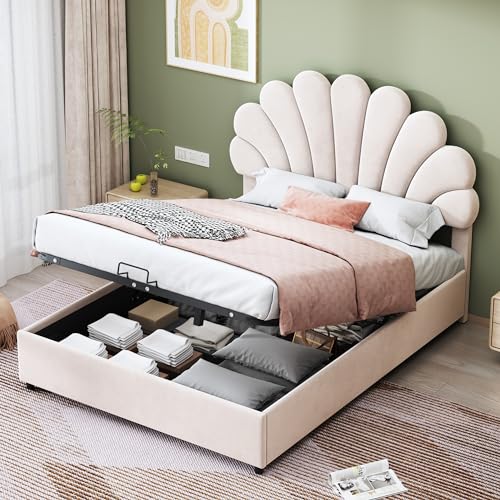 MUZHIXIANG Polsterbett mit Lattenrost und Hydraulischem Stauraum, Elegantes Kopfteil mit Samtstoff, Stabiler Bettrahmen, Jugendbett für Modernes Schlafzimmer (Beige, 140 x 200 cm) von MUZHIXIANG