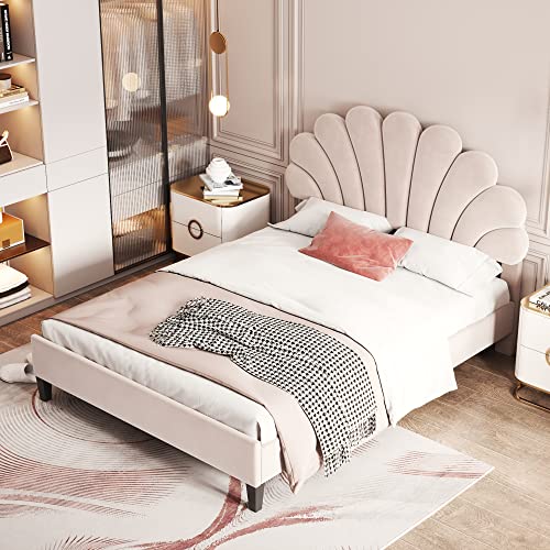 MUZHIXIANG Polsterbett mit Stabilem Bettrahmen, Blumenförmigem Kopfteil, Lattenrost und Samtpolsterung – Elegantes Jugend- und Gästebett für Modernes Schlafzimmer (Beige, 140 x 200 cm) von MUZHIXIANG