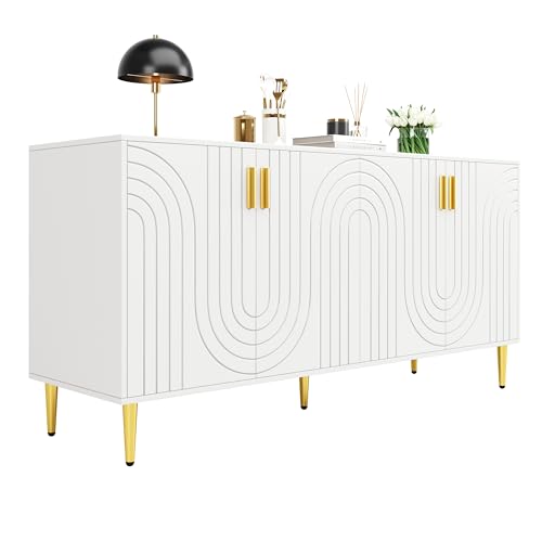 MUZHIXIANG Sideboard 152x40x75 cm mit Wellen-Design, goldenen Griffen & Füßen, MDF Möbel, Esszimmer Wohnzimmer Kommode, Stauraum Schrank, Kippschutz (Weiß) von MUZHIXIANG