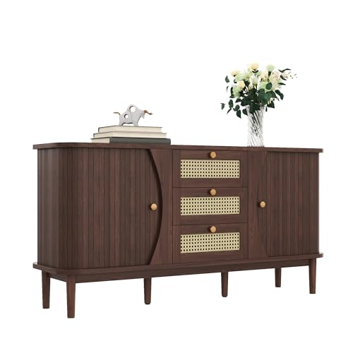 MUZHIXIANG Sideboard Rattan Kommode mit Schiebetüren, 3 Schubladen, Verstellbaren Einlegeböden und Abgerundeter Platte, Aufbewahrungsschrank Holz für Wohnzimmer, Esszimmer & Flur (Natur) von MUZHIXIANG