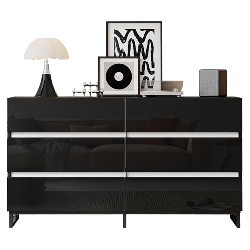 MUZHIXIANG Sideboard Wohnzimmer mit 6 Schubladen, Hochglanz Kommode Modern, Stabiler Wohnzimmerschrank mit Metallbeinen, Beistellschrank mit viel Stauraum (Schwarz, 140 x 39,5 x 78,5 cm) von MUZHIXIANG