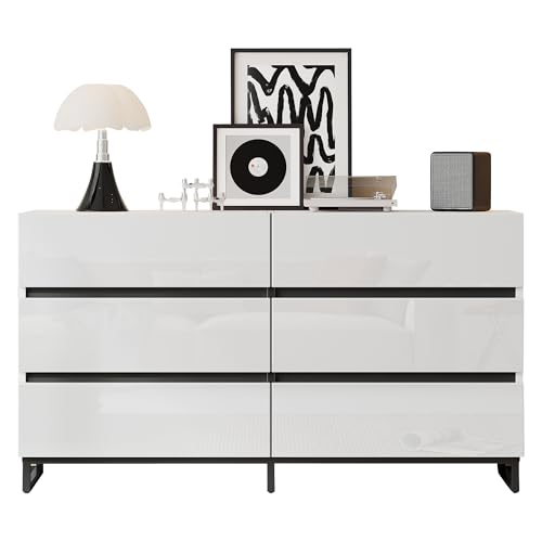 MUZHIXIANG Sideboard Wohnzimmer mit 6 Schubladen, Hochglanz Kommode Modern, Stabiler Wohnzimmerschrank mit Metallbeinen, Beistellschrank mit viel Stauraum (Weiß, 140 x 39,5 x 78,5 cm) von MUZHIXIANG