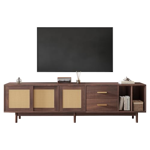 MUZHIXIANG TV Lowboard mit Schubladen und Schranktüren, Rattan-MDF TV-Schrank mit Großem Stauraum, Stabiler TV-Ständer für 75 Zoll Fernseher im Wohnzimmer (Braun) von MUZHIXIANG