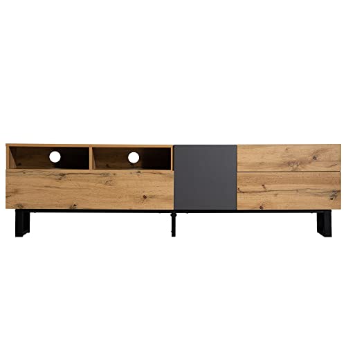MUZHIXIANG TV-Schrank Modern Colorblocking mit Holzmaserung 180 cm, Lowboard mit Türen und Schubladen, TV-Board mit Push-Open Funktion, Sideboard mit Stauraum und Metallfüßen (Eiche + Anthrazit) von MUZHIXIANG