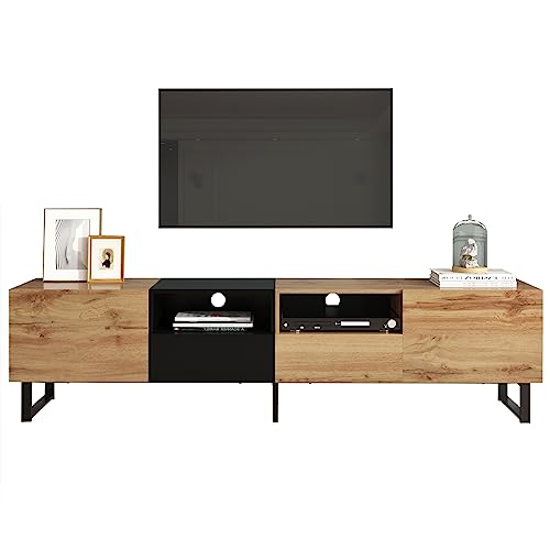 MUZHIXIANG TV-Schrank Modern Holzoptik Schwarz, Lowboard 190 cm mit Türen und Schubladen, Fernsehtisch Robust MDF, Stauraum Sideboard für Wohnzimmer, Geeignet für 50–59 Zoll TV (Stil 1) von MUZHIXIANG