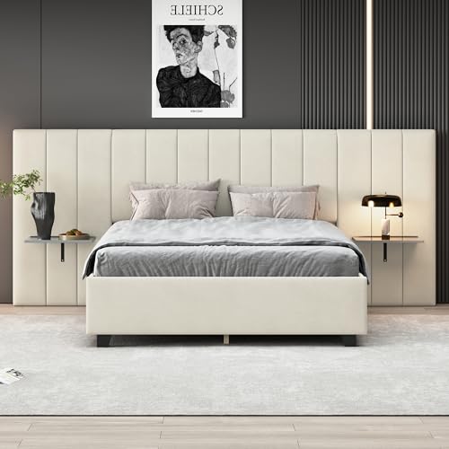 MUZHIXIANG Upholstered Double Bed, Extended Headboard, Velvet Fabric, Shelves, Slatted Frame (Beige, 140 x 200 cm) von MUZHIXIANG