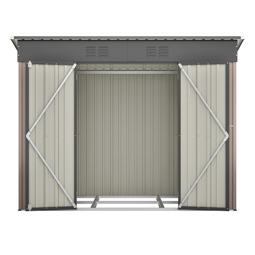 Metall Gerätehaus mit Fundament, Wetterfestes Gartenhaus für Terrasse und Garten, Abschließbarer Gartenschuppen aus Verzinktem Stahlblech mit Belüftung (Braun, 8x4FT) von MUZHIXIANG