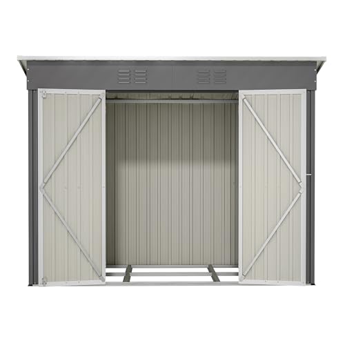 Metall Gerätehaus mit Fundament, Wetterfestes Gartenhaus für Terrasse und Garten, Abschließbarer Gartenschuppen aus Verzinktem Stahlblech mit Belüftung (Gray, 8x4FT) von MUZHIXIANG