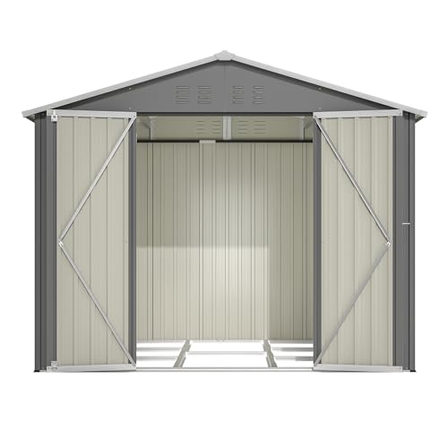 Metall Gerätehaus mit Fundament, Wetterfestes Gartenhaus für Terrasse und Garten, Abschließbarer Gartenschuppen aus Verzinktem Stahlblech mit Belüftung (Gray, 8x6FT) von MUZHIXIANG