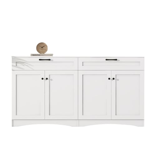 Sideboard Wohnzimmer Weiß aus Spanplatte mit 2 Schubladen und 2 Schränken, geschwungenes Design, 4 Türen, 7 Ablagefächer, Beistelltisch Kommode für Wohnzimmer Schlafzimmer Flur (160 x 40 x 85 cm) von MUZHIXIANG