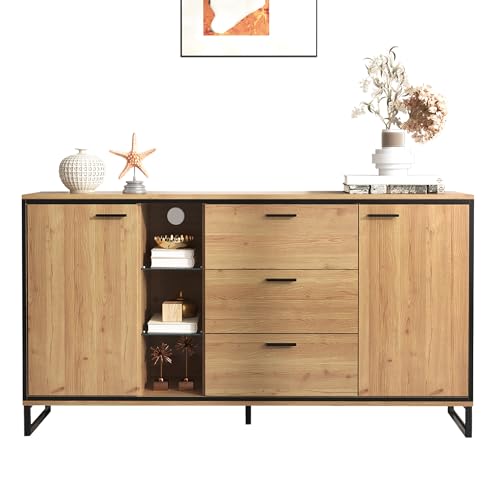 Sideboard mit Schubladen und LED Beleuchtung, Modernes Wohnzimmer Sideboard mit Türen und Ablagefächern, Stauraum Kommode Holzoptik Schwarz Natur, Design Anrichte 160 cm (160 L x 40 B x 85 H(cm)) von MUZHIXIANG