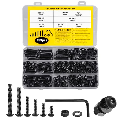153 Stk M8 Schrauben Set, Linsenkopf Innensechskantschrauben Muttern Sets, Schwarz Rundkopf Gewindeschrauben Set mit Unterlegscheiben Set, Maschinenschrauben und Muttern Sortiment Kit mit Schlüssel von MUZHUPGUZ