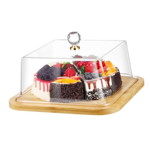 MUZIT Kuchenständer, quadratischer Kuchenständerdeckel aus Acryl mit Holzsockel, Lebensmittel-Präsentationsteller, Kuchentellerabdeckung, Dessert-Sparer for das Home-Hotel-Restaurant von MUZIT