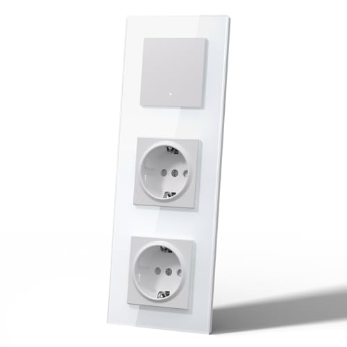 MVAVA Lichtschalter mit Normal Doppelt Steckdose, Wlan Smart Lichtschalter Kompatibel mit Alexa/Google Home, Glas Lichtschalter Unterputz, Neutrale Leitung Benötigt von MVAVA