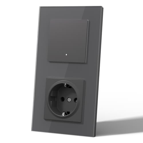 MVAVA Lichtschalter mit Normal Steckdose, Wlan Smart Lichtschalter Kompatibel mit Alexa/Google Home, Glas Lichtschalter Unterputz, Neutrale Leitung Benötigt von MVAVA