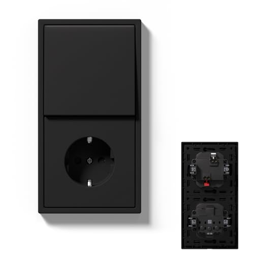 MVAVA Lichtschalter 1 Fach 1 Weg, Lichtschalter Unterputz mit Steckdose, Vertikal Montierbar Seidig-Matte Wandschalter mit Federanschlüsse, 80mm*150mm Schwarz, M3-Serie von MVAVA