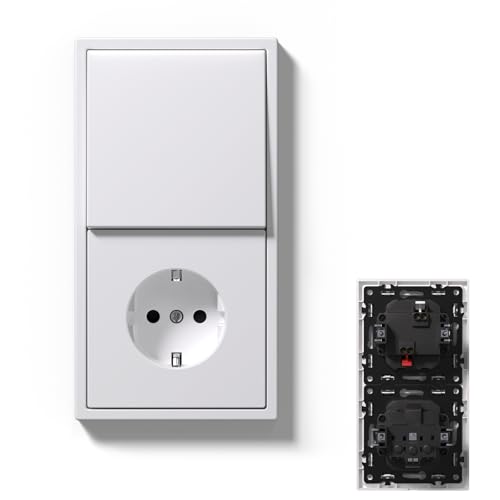 MVAVA Lichtschalter 1 Fach 1 Weg, Lichtschalter Unterputz mit Steckdose, Vertikal Montierbar Seidig-Matte Wandschalter mit Federanschlüsse, 80mm*150mm Weiß, M3-Serie von MVAVA