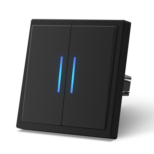 MVAVA Lichtschalter 2 Fach 1 Weg, Lichtschalter Unterputz mit Federanschlüsse, Seidig-Matte Wandschalter mit LED Kontrollleuchte, 80mm*80mm Schwarz, M3-Serie von MVAVA