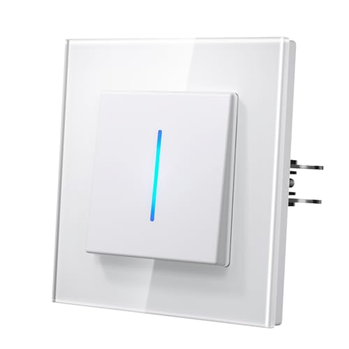 MVAVA Lichtschalter Unterputz, Lichtschalter mit Blaue Leuchtstreifen, Moderne Glas Schalter, Einfache Montage 86mm*86mm Wandschalter, 1 Fach 1 Weg Weiß MVAVA Lichtschalter Unterputz, Lichtschalter mit Blaue Leuchtstreifen, Moderne Glas Schalter, Einfache Montage 86mm*86mm Wandschalter, 1 Fach 1 Weg Weiß von MVAVA