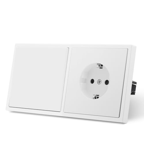 MVAVA Lichtschalter Unterputz, Standard Lichtschalter mit Schuko Steckdose 1 Fach 1 Weg, Kunststoffe Wandschalter 80mm x 150mm, Weiß, M2-Serie von MVAVA