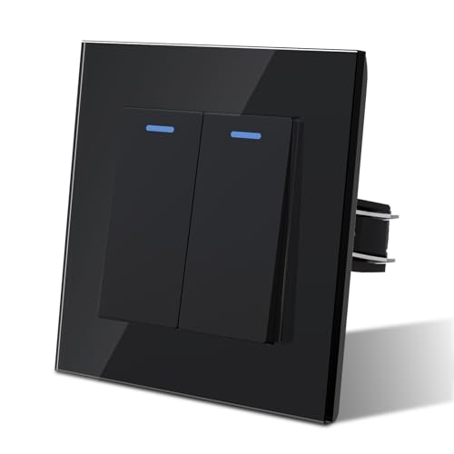 MVAVA Lichtschalter Unterputz 2 Fach 1 Weg Lichtschalter Glas mit LED 86 * 86mm Taste Schalter Wandschalter Kippschalter Schwarz von MVAVA