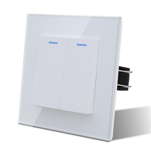 MVAVA Lichtschalter Unterputz 2 Fach 1 Weg Lichtschalter Glas mit LED 86 * 86mm Taste Schalter Wandschalter Kippschalter Weiß von MVAVA