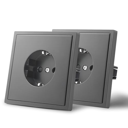 MVAVA Schuko Steckdose EU-Standard, 1 Fach Unterputz Steckdose, Einfache Installation, 80mm × 80mm Steckdosen, 3-Draht Erforderlich, Grau, 2 Pack von MVAVA