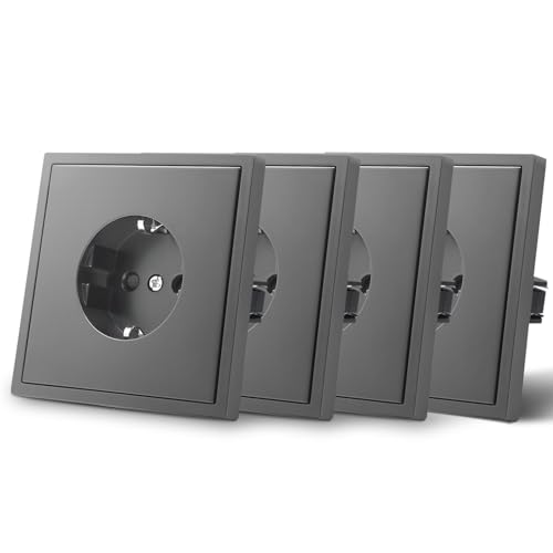 MVAVA Schuko Steckdose EU-Standard, 1 Fach Unterputz Steckdose, Einfache Installation 80mm × 80mm Steckdosen, 3-Draht Erforderlich, Grau 4 Pack von MVAVA