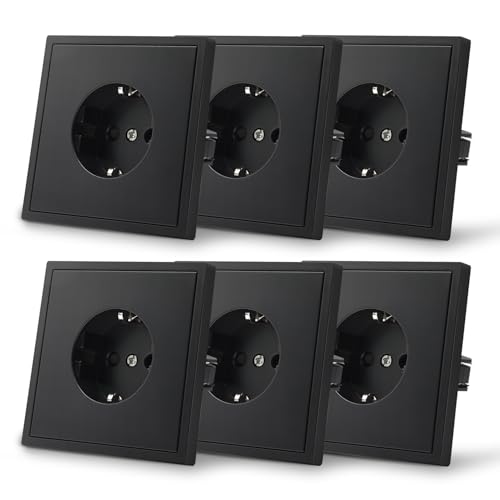 MVAVA Schuko Steckdose EU-Standard, 1 Fach Unterputz Steckdose, Einfache Installation, 80mm × 80mm Steckdosen, 3-Draht Erforderlich, Schwarz 6 Pack von MVAVA
