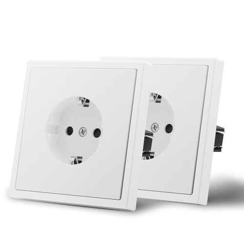MVAVA Schuko Steckdose EU-Standard, 1 Fach Unterputz Steckdose, Einfache Installation, 80mm × 80mm Steckdosen, 3-Draht Erforderlich, Weiß, 2 Pack von MVAVA