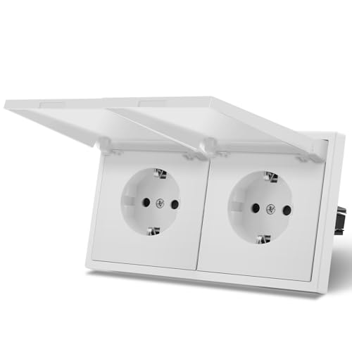 MVAVA Schuko Steckdose EU-Standard, 2 Fach Feuchtraum Unterputz Steckdose, Einfache Installation, 80mm x 150mm 3-Draht Erforderlich, Weiß von MVAVA