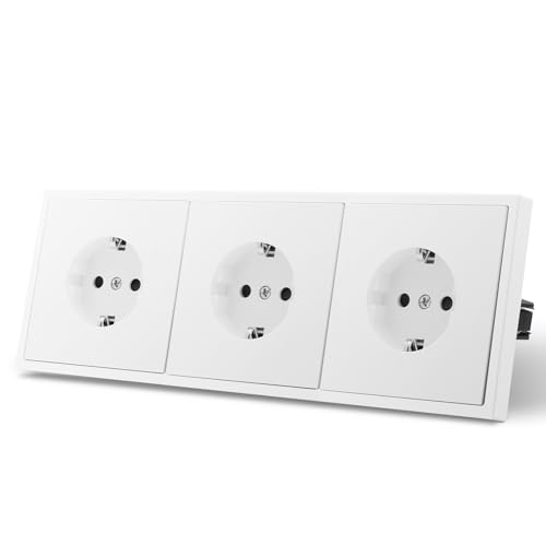 MVAVA Schuko Steckdose EU-Standard, 3 Fach Unterputz Steckdose, 80mm x 220mm Steckdosen, Einfache Installation, 3-Draht Erforderlich, Weiß von MVAVA