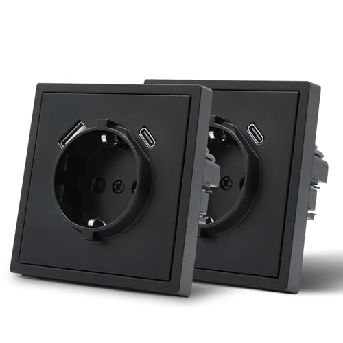 MVAVA Steckdose mit USB C EU-Standard, 1 Fach Unterputz Steckdose, Einfache Installation, 80mm × 80mm Steckdosen, 3-Draht Erforderlich, Schwarz, 2 Pack von MVAVA