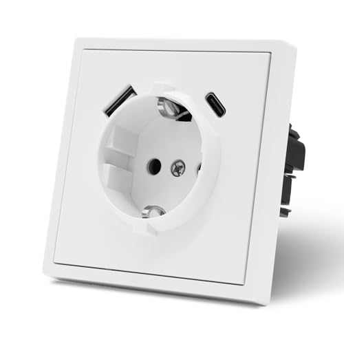 MVAVA Steckdose mit USB C EU-Standard, 1 Fach Unterputz Steckdose, Einfache Installation, 80mm × 80mm Steckdosen, 3-Draht Erforderlich, Weiß von MVAVA