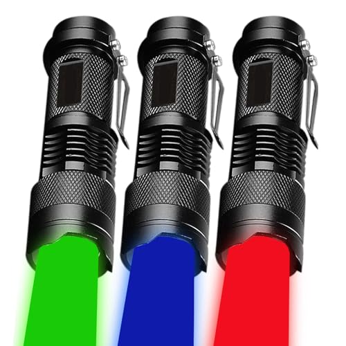 MVIOCS 3Pack Upgraded Red Green Blue LED Taschenlampe, Mini Taschenlampen Red Green Blue Light, Zoomable, wasserdichte LED Taschenlampe Leistungsstark und hell von MVIOCS