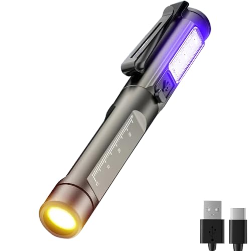 MVIOCS Wiederaufladbare Stift-Taschenlampe mit Schwarzlicht und Weißlicht, 450 Lumen LED Mini Taschenlampe mit Clip, 6 Modi mit Speicherfunktion, für Camping, Notfall, Haustierurin-Erkennung von MVIOCS