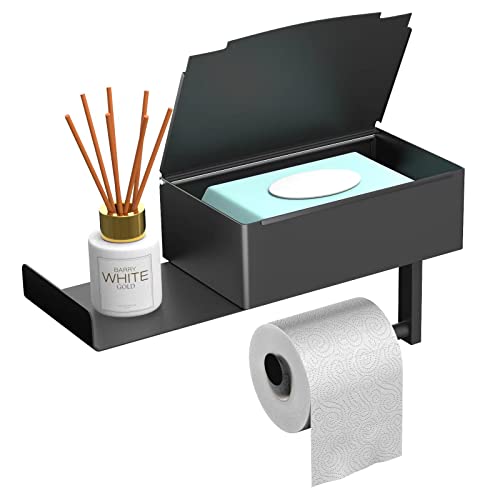 MVKV Toilettenpapierhalter mit Feuchttücherbox, Mattschwarz Klopapierhalter mit Ablage ohne Bohren Edelstahl Klorollenhalter WC Papier Halterung mit Aufbewahrung und Zusätzliches Tablett für Badzimmer von MVKV