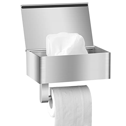 MVKV Toilettenpapierhalter mit Feuchttücherbox, Silber Toilettenpapierhalter mit Ablage Ohne Bohren, 304 Edelstahl Wandhalterung Klopapierhalter mit Aufbewahrung, WC Papier Halterung mit Aufbewahrung von MVKV
