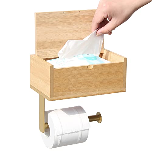MVKV Toilettenpapierhalter mit Feuchttücherbox Ohne Bohren, Klopapierhalter mit Regal und Aufbewahrung, Bambus-Toilettenwandhalter mit Wischtuchhalter, Toilettenpapierhalter mit Box von MVKV