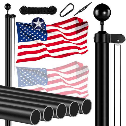 MVPRING Robustes Fahnenmast-Set, 6,8 m, 13 Gauge, Aluminium im Boden, mit gesponnener amerikanischer Flagge für Haus im Freien, Wohn-, Gewerbe-, Außenbereich, Schwarz von MVPRING