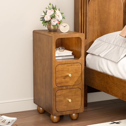 Kleiner Nachttisch, schmal, hoch, mit 2 Schubladen und offenem Regal, Walnussholz, Nachttisch aus Massivholz, moderner Nachttisch für Schlafzimmer (25,4 cm) von MVPSONAG