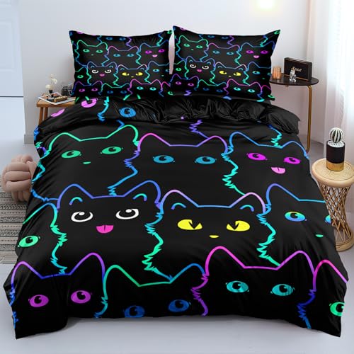 MVRFN Cartoon Katze Bettwäsche 155×220cm＋Kissenbezug mit Reißverschluss 80×80 cm×2 Süßes Kätzchen Bettwäsche Atmungsaktiv Luxuriöser Weicher Mikrofaser-Bettbezug von MVRFN