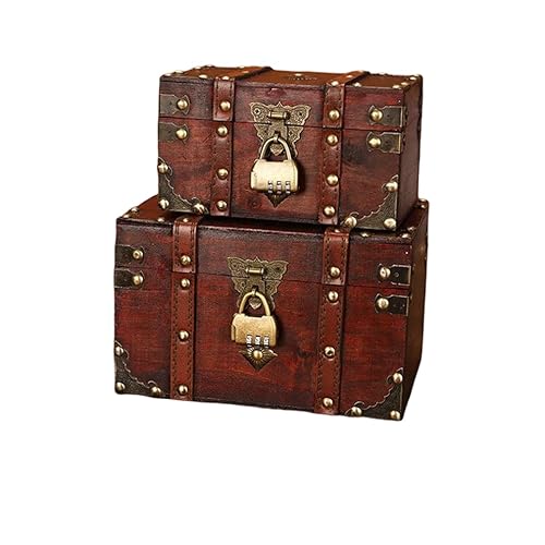 MVSR Holz Schatztruhe, Kinder Schatzkiste, Holztruhe, Piratenkiste, Aufbewahrungsbox Deko, Handgemachte Holzbox mit Deckel und Metall schloss, Verschieden Größen… (2er-Set) von MVSR