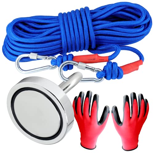 MVT Magnetfischen Magnetangel Set 130KG Stark Mit 20m Seil 8mm Dick Neodym Bergemagnet Mit 2 Karabinerhaken und Handschuhe Super Starker Magnet 50mm von MVT Magnete