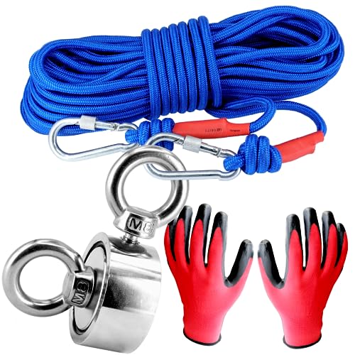 Neodym Magnet Magnetangel Set - 48mm - 200KG Zugkraft Mit 2 M8 Ösen - Bergemagnet Magnetfischen Komplettset mit 20m Seil Wasserfeste Handschuhe zum Magnet Fischen von MVT Magnete